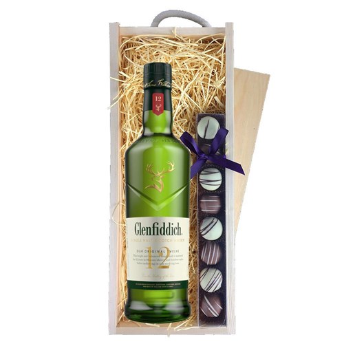 Glenfiddich 12 Year Old Whisky 70cl & Heart Truffles, Wooden Box